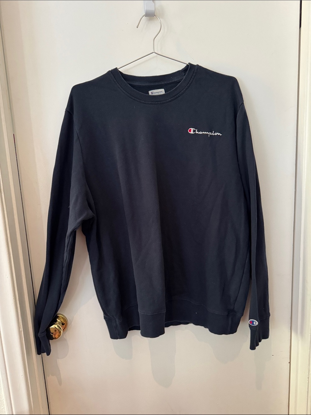 Champion Black Logo Crewneck Sweatshirt with Small Embroidered Emblem